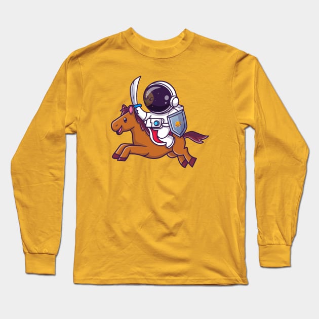 Cute Astronaut Warrior Riding Horse With Sword And Shield  Cartoon Long Sleeve T-Shirt by Catalyst Labs